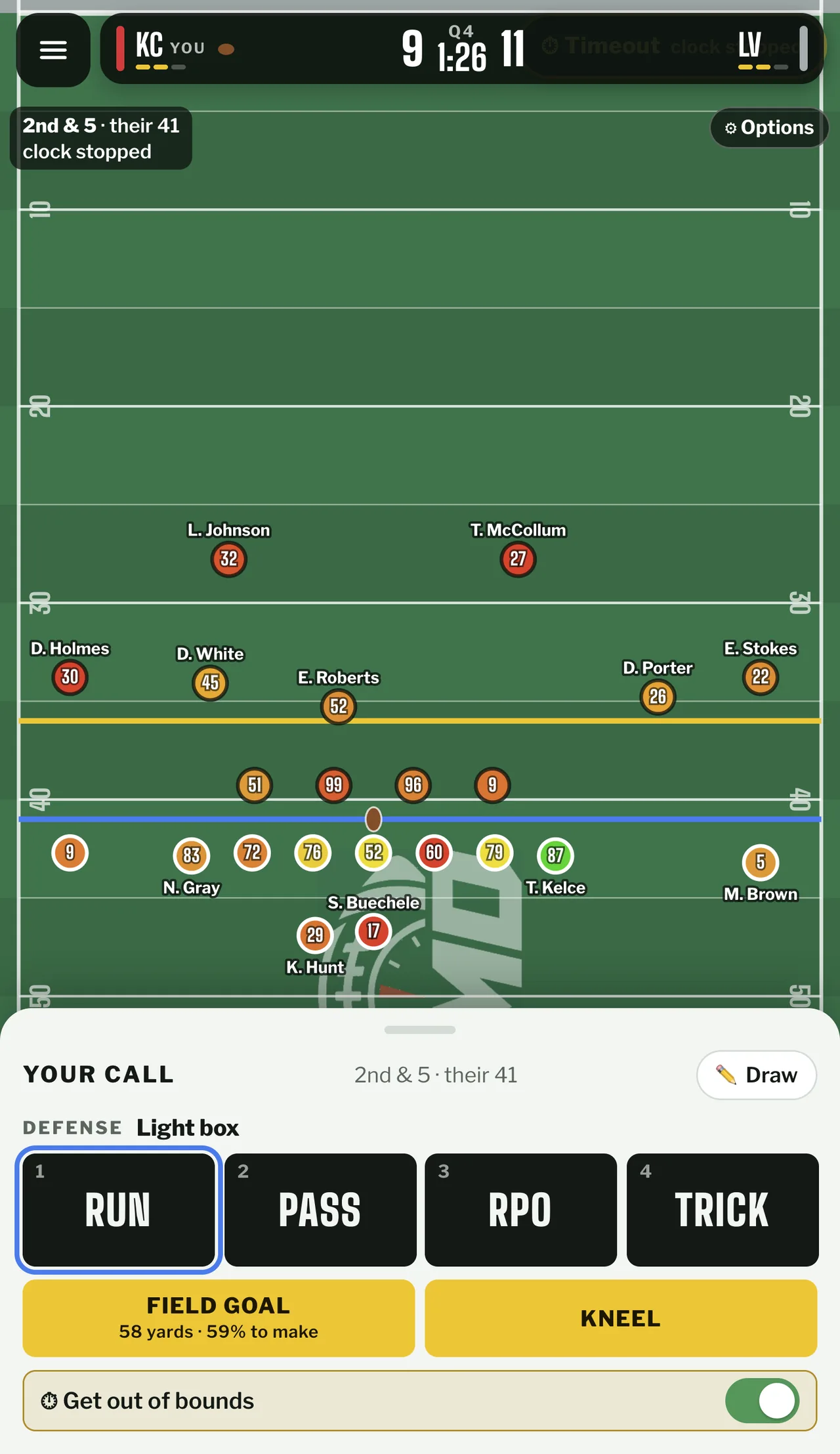 NFL players set on the field for a Chiefs snap, every one tagged with a jersey number, the line of scrimmage in blue