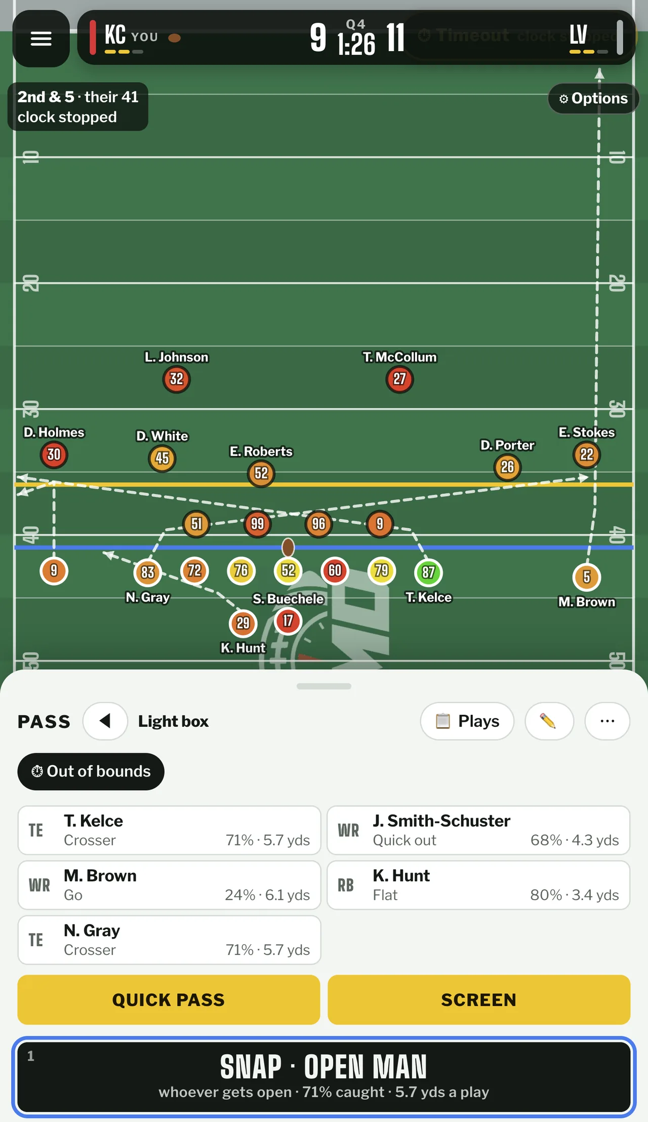 Pass routes drawn in white across the field from five receivers, with the PASS and light box strip under the turf