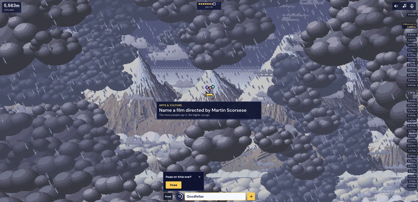 Pass confirmation over a storm-lit cloud climb, Goodfellas still typed in the answer bar and twelve seconds on the clock