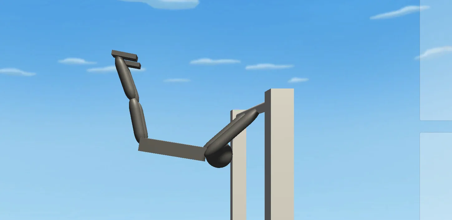 Black ragdoll gymnast hanging from a white high bar, arms extended and feet folded behind the post against a blue sky
