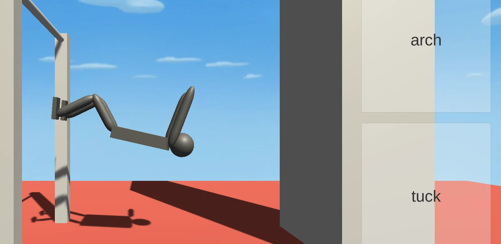 Ragdoll rolling flat through the air with legs raised high, arch and tuck buttons stacked on the right side of the frame